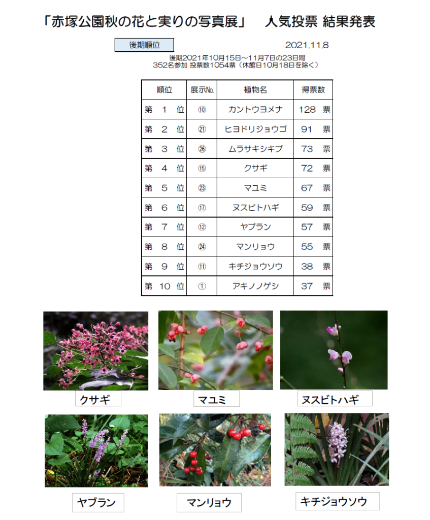 「赤塚公園秋の花と実りの写真展」人気投票結果発表（後期）