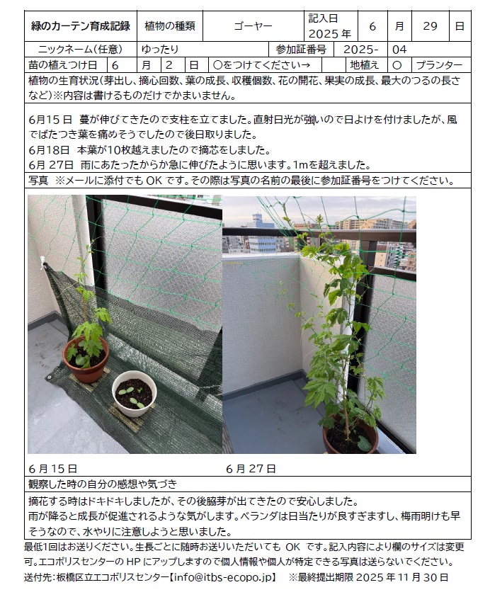緑のカーテン育成講習会inエコポリスセンター　参加者の育成記録